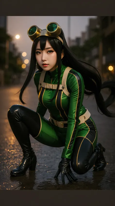 Asuitsuyu's cosplay、young Japanese woman、Sexy Poses、night cityscape、Big Butt、dark haired、long hair、emphasizes attractive body line、4K high definition、Realistic、HDR、bokeh effect、darker tones、fantastic anime-style style