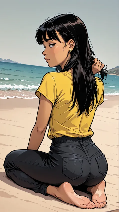 Solo, 1girl, High Resolution, small Breasts, black straight hair, beach background, manga Style, naughty look, full body, High Details, naughty posing, ear rings, brown eyes, very strong blush, head tilted, thin body, looking at viewer, dutch angle, legs s...