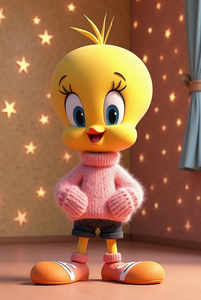 Tweety 3D dressed up a pink sweater with black jeans With basketball socks with a wall with star 