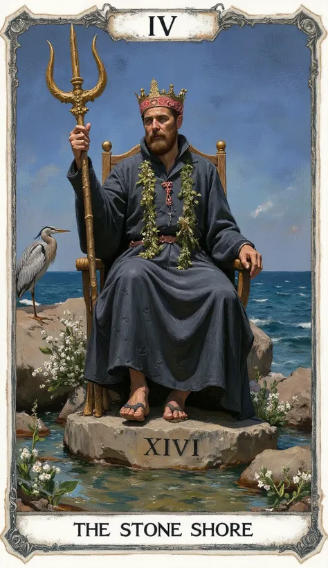 A tarot card titled “The Emperor – The Stone Shore” from a water-themed deck. Painted in a dreamy, Pre-Raphaelite European style infused with Zen calm, a regal man sits upon a throne of ocean-worn stone at the boundary between sea and cliff. He wears a clo...