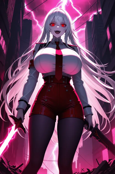 long white hair, vampire, glowing detailed red eyes, uniform, white shirt, tie, red shorts, holding sword, 1girl, solo, vampire fangs, huge breasts, ruined futuristic city, dystopia, lightning storm, pink lighting, volumetric lighting, cinematic lighting, ...