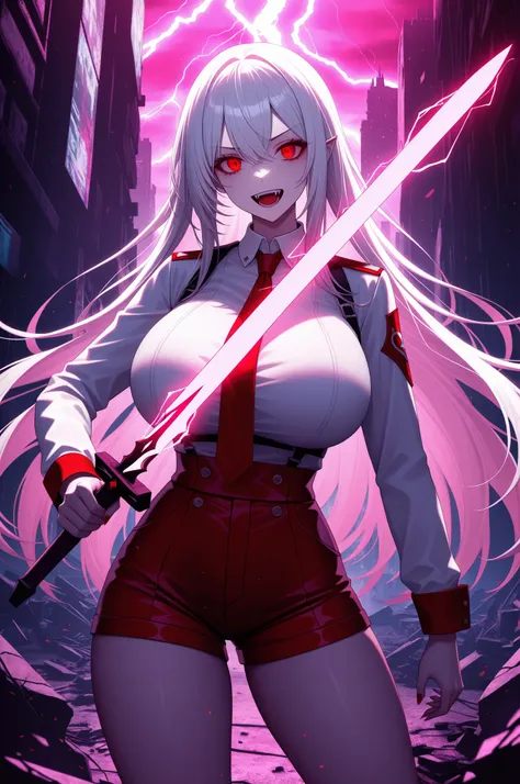 long white hair, vampire, red eyes, uniform, white shirt, tie, red shorts, holding glowing sword, 1girl, solo, vampire fangs, huge breasts, ruined futuristic city, dystopia, lightning storm, pink lighting, volumetric lighting, cinematic lighting,  masterpi...