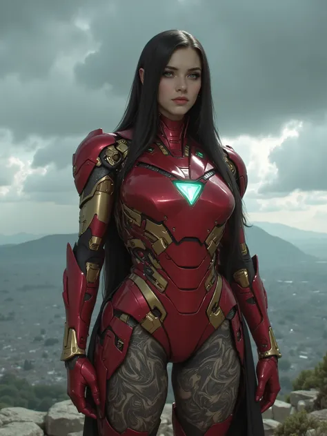 A Beautiful Woman with a body full of tattoos, Green glowing eyes
Wearing sexy armor "iron man - marvel", armor is red and golden with a glowing arc reactor (Sexy Armor is made of advanced technology that is strong and sturdy)
With a mysterious expression ...