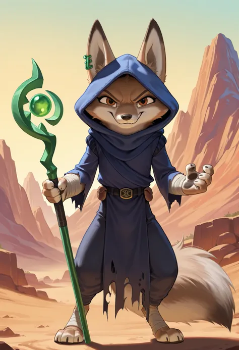 score_9, score_8_up, score_7_up, source_furry, best quality, amazing quality, detailed background, masterpiece, 1girl, looking at viewer, solo, ((hooded blue tunic, baggy trousers, gray bandages, torn clothes, black belt)), zhen, fox girl, fox ears,brown e...