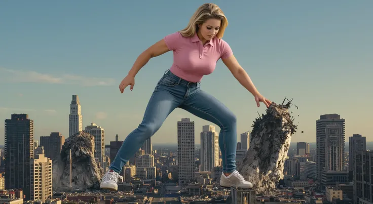 A colossal, genetically enhanced fitness woman with broad shoulders and large breasts and slim hips walks atop a city at her feet. She is walking away from view, viewing her from the back as she walks away, crushing the city she is stepping on as she goes....