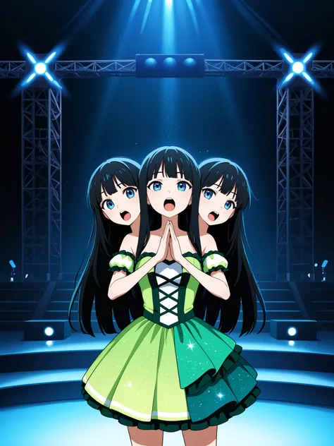 anime girl with three heads, conjoined, singing, long black hair, blue eyes, green idol dress, frenetic dancing pose, stage, brilliant lights