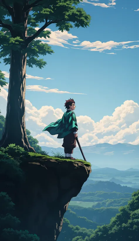 Ghibli-style character Tanjirou Kamado from demon slayer standing at the edge of a cliff with a vast open sky in front of them in a beautiful peaceful forest. The camera should focus on the character side view. The character looking at the sky. Sunlight st...