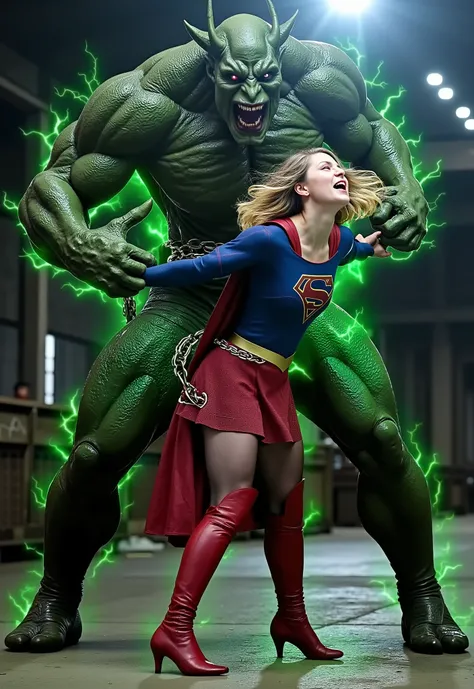 Melissa Benoist as Supergirl, fighting with a strong fierce devil, she is screaming in pain, her arms tied behind her back with green lighting chain, she is wearing a Supergirl costume, blue shirt and very short skirt, red high boots, she is attacked from ...