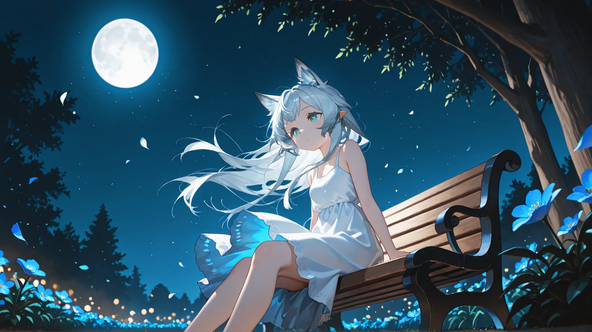 masterpiece,top quality,amazing quality,very beautiful,very high definition,Newest,soft lighting, Volumetric Lighting, Dim lighting,
rosmontis_(Arknights), White_Dress, 
sitting on a bench,  
outdoor, garden, night,  growing_Flower, floating  petals, float...