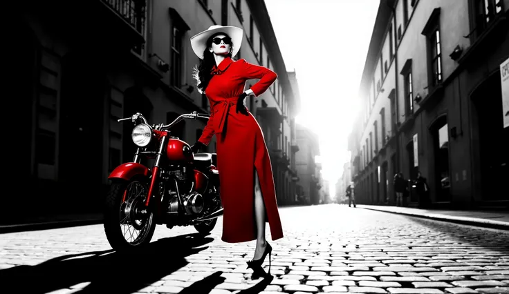 A mysterious woman in a scarlet coat and heels riding a vintage red motorcycle through a quiet, sunlit border town.
The scene has a black and white noir background, with only the woman and the motorcycle in vivid red.
She wears dark sunglasses and a wide-b...