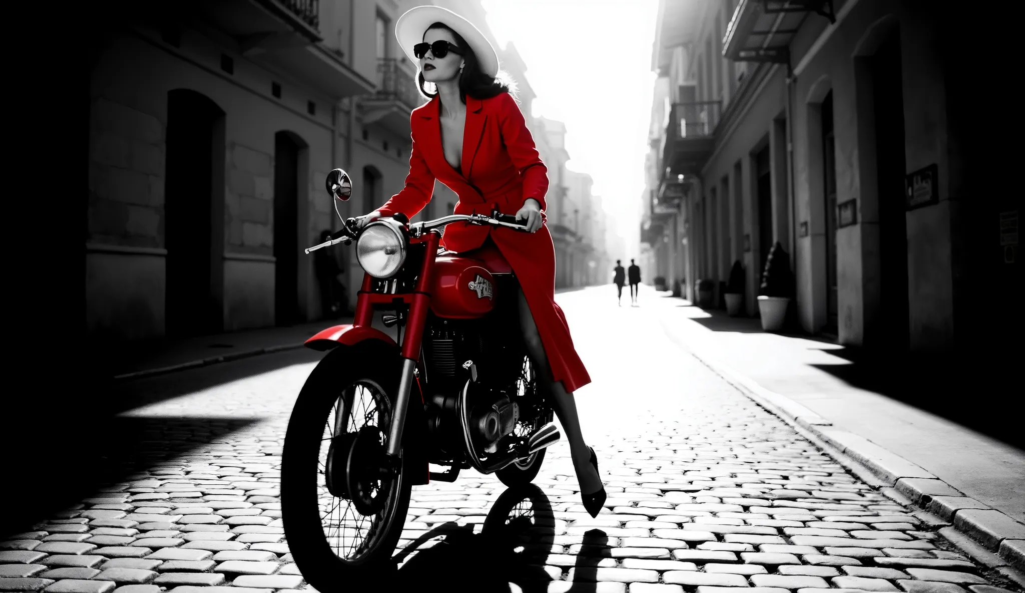 A mysterious woman in a scarlet coat and heels riding a vintage red motorcycle through a quiet, sunlit border town.
The scene has a black and white noir background, with only the woman and the motorcycle in vivid red.
She wears dark sunglasses and a wide-b...