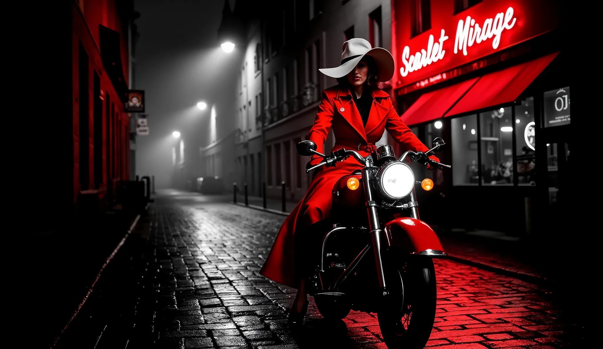 A cinematic night scene in a narrow European street. A mysterious woman in a vivid scarlet trench coat and white wide-brimmed hat rides a vintage red motorcycle directly toward the camera. The setting is noir-style: black and white cityscape with only the ...