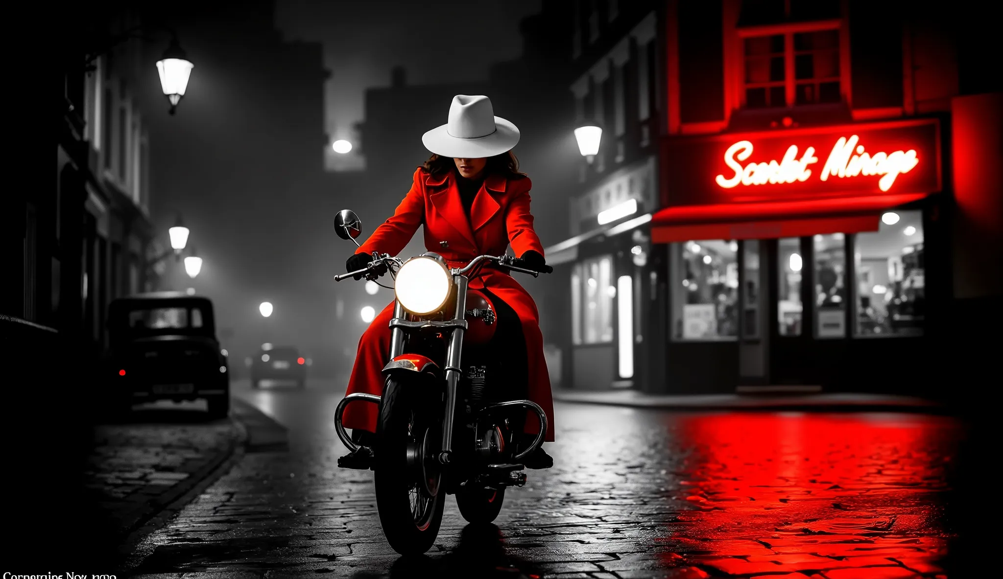 A cinematic night scene in a narrow European street. A mysterious woman in a vivid scarlet trench coat and white wide-brimmed hat rides a vintage red motorcycle directly toward the camera. The setting is noir-style: black and white cityscape with only the ...