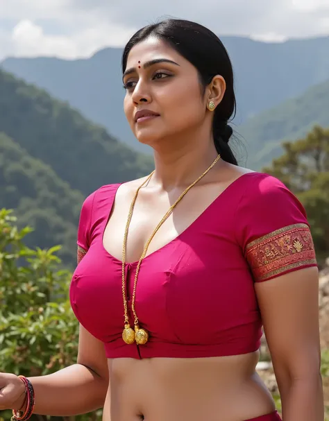 An indian 30 year girl with heavy breasts, wearing embroidered wet colorful satin hooked blouse,light colorful saree,standing in bright sun light,full body view in himalayas