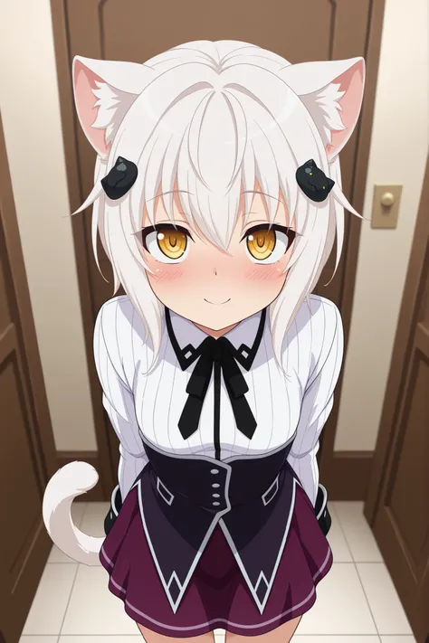 (masterpiece),1girl,solo,best quality,amazing quality,very aesthetic,absurdres,newest, anime style,yellow eyes,KonekoSchool, striped shirt, white shirt, long sleeves, black ribbon, black corset, purple skirt,white hair, yellow eyes, short hair, cat tail,  ...