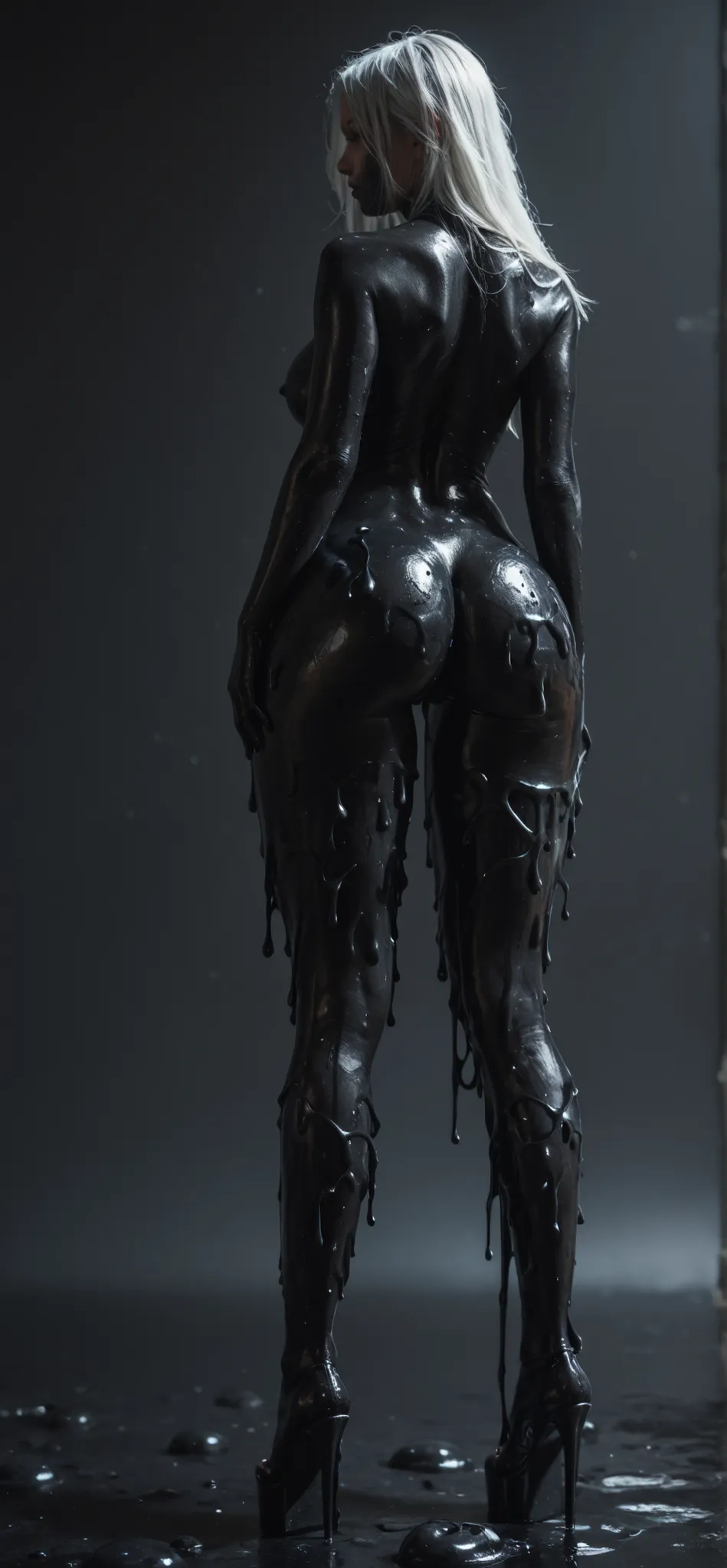 Last girl standing in end of the world, ((white hair)), huge perfect breast, black slime, black outfit, (((full body portrait))), ass on focus, ((detailed hot legs and ass)), (((black slime))),  from back and below , hot pic, ((wearing only a black slime, ...
