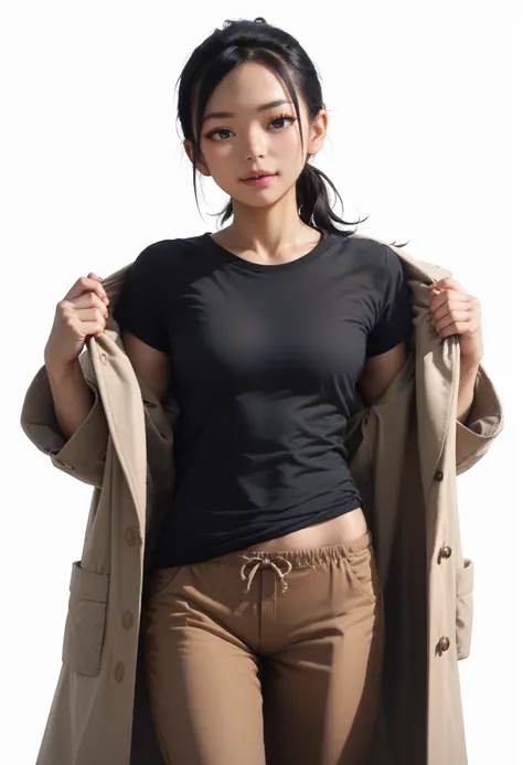 Realistic ((White background)) ((japan girl)) sexy girl (Black hair tied in a ponytail:1.4) ,black eye, Sharp face, (Black T-shirt:1.4), (Brown long pants:1.2) ((Lab coat:1.2)) 1 girl,  rathing_questionable , ,score_9, score_8_up, score_7_up,  seductive, v...