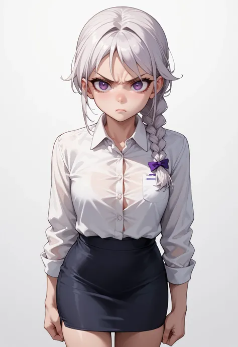 source_anime ,score_9, score_8_ up, score_7, ((White background)) White skin ((Russian woman)) ((1girl)) (narrow-eyed) Fierce face ,slender face, , (solo girl) ,30 years old, rathing_questionable , (purple eyes), (White ponytail braid:1.2), (White collared...