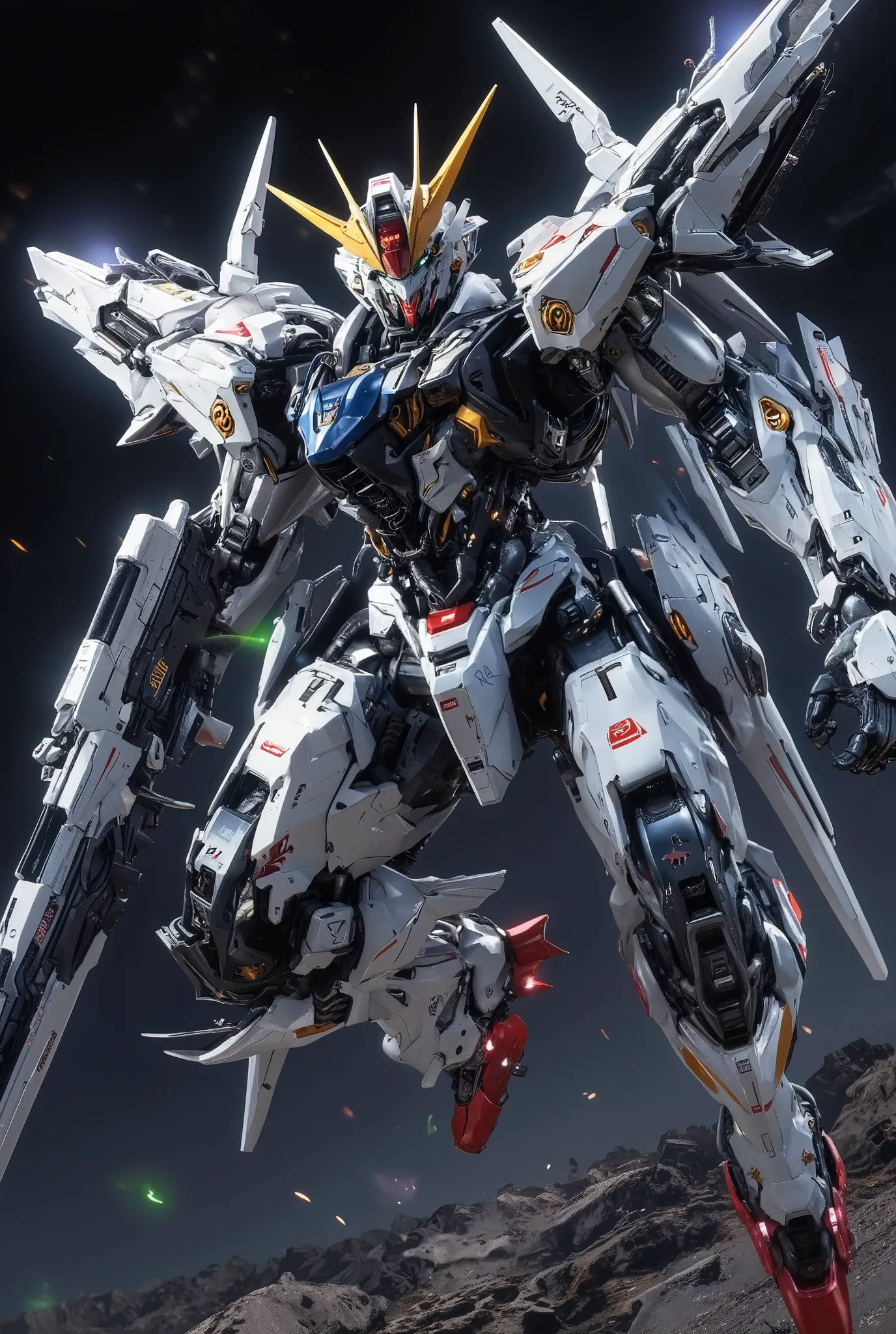 フリーダムガンダムのようなロボットの  Fast Flight  ,full body,high-resolution photorealistic３D rendering style ,hyperrealism art,mechanical details of Freedom Gundam's face, ,accurate proportions of Freedom Gundam ,４forward tilting action scene ,V-shaped fins, green_lens fl...