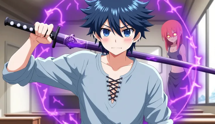 Anime boy with spiky dark blue hair and piercing blue eyes, holding a glowing purple katana over his shoulder, standing confidently in a school classroom. The katana emits a swirling dark purple aura. He wears a light gray lace-up shirt. A mysterious figur...