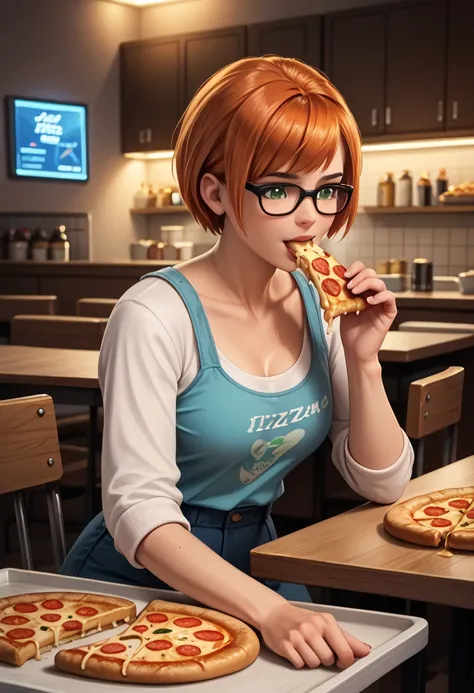 score_9, score_8_up, score_7_up, score_6_up, a girl eat pizza, solo, 1-woman, orange hair, short hair, green eyes, glasses, full body, restaurant, detailed portrait, realistic, photorealistic, beautiful young woman, realistic facial features, soft expressi...