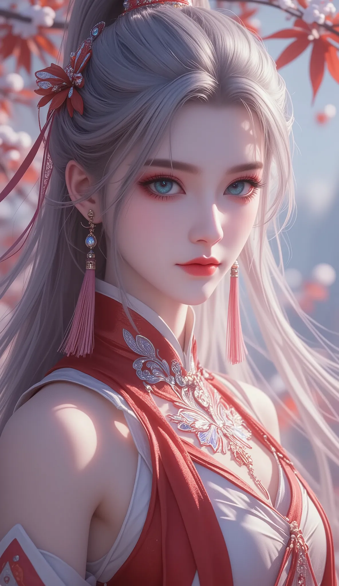 Chinese Fairy Tales character, extremely details, high detailed face, mature woman, cool beauty, living expressions, (cold gaze, cold eyes, aqua eyes), expressionless, (gray hair), highlight, high ponytail, shiny silky, Hime cut, long hair, tassel earrings...