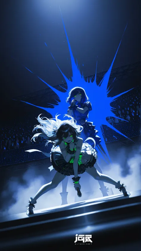 masterpiece, best quality, upper body, multiple Girls, concert, on stage, (monochrome:0.65), anime, (tribal:0.9), splash of indigo color, dramatic lighting
BREAK
graffiti style breathtaking texture masterpiece, best quality, best quality, [quasarcake:crain...