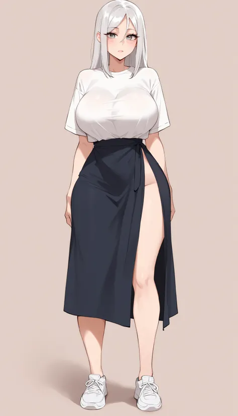 Create an image of a stylized anime character. The character has long, straight hair and sharp gray eyes. They are standing confidently, wearing a loose white unbutton long shirt. Big breasts, slim waist, big butts, bare thights, bare lower body, no pants,...