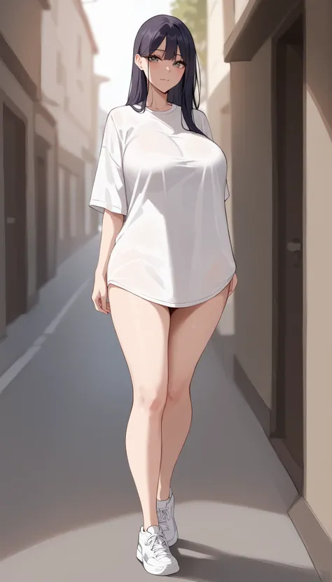 Create an image of a stylized anime character. The character has long, straight hair and sharp gray eyes. They are standing confidently, wearing a loose white unbutton long shirt. Big breasts, slim waist, big butts, bare thights, bare lower body, no pants,...