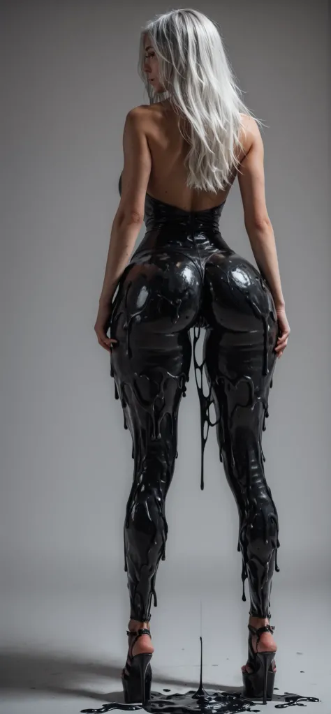 Last girl standing in end of the world, ((white hair)), huge perfect breast, black slime, black outfit, (((full body portrait))), ass on focus, ((detailed hot legs and ass)), (((black slime))),  from back and below , hot pic, ((wearing only a black slime, ...
