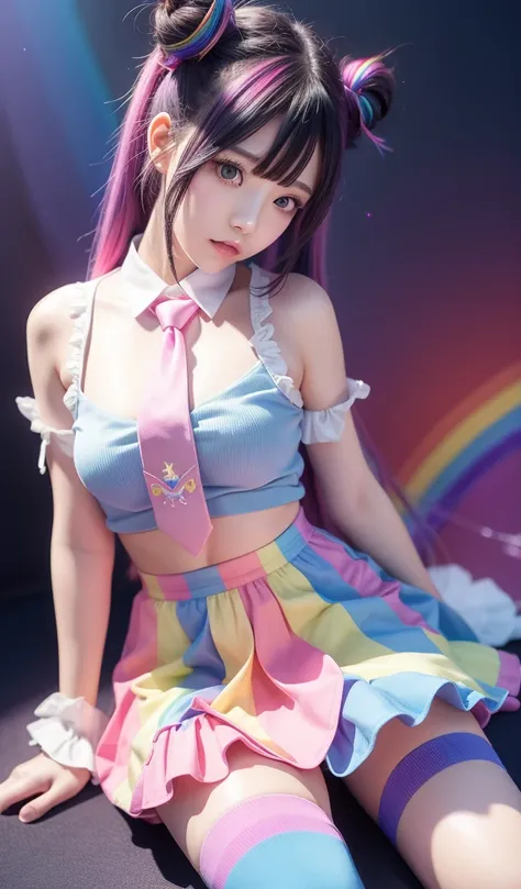 Magical Girl、Magical Girlの服、rainbow-colored hair、Rainbow clothing、bun hair、long hair、necktie、 shirt、gothic、Miniskirt、high socks、Big breasts、angled from above、With sleeves、sleeveless、Rainbow background