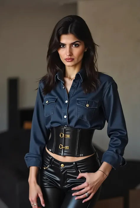 woman in a dark blue denim shirt paired with a tight corset and black leather pants. Buckled belt. She poses in a photo studio. The lights are towards her. It's very realistic. Portrait photo. beautiful eyes, perfect hands, perfect quality, 8k, noise, 8k u...