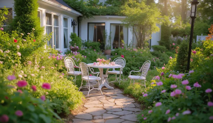 A charming house with a vibrant and well-kept garden full of colorful flowers and lush plants. The stone path leads to a cozy veranda, where there is an elegant white iron table, decorated with tea cups and small floral arrangements, and four summer chairs...