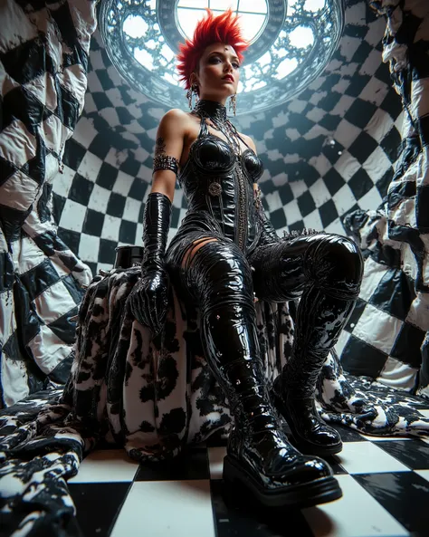 In an environment such as a checkerboard A surreal work that represents a Nordic woman fashion model.  The beautiful punk metal woman wears black leather clothing and spikes with huge platform boots that combine intricate details with abstract and geometri...