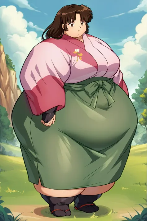 anime screencap, score_9, score_8_up, score_7_up, source_anime BREAK sango, 1girl, solo, brown hair, parted bangs, low-tied long hair, brown eyes, outdoors, grass, day, pink kimono, green long skirt, black bridal gauntlets looking at viewer, large breasts,...