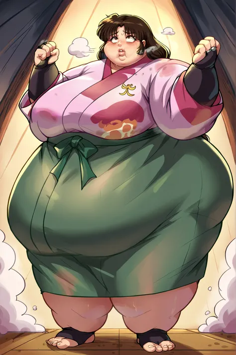 anime screencap, score_9, score_8_up, score_7_up, source_anime BREAK sango, 1girl, solo, brown hair, parted bangs, low-tied long hair, brown eyes, pink kimono, green long skirt, black bridal gauntlets , giant hands, giant feet, fat, chubby, obese, gigantic...