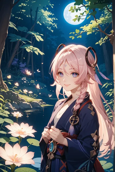 GENSINimpact,citlali,top quality,masterpiece,yukata,In the woods,Looking up at the moon,mysterious,Smile,GENSHIN Impact character YAEMIKO,Lush Forest,illuminated by moonlight,mysteriousで優雅な表情,photorealistic,beautifully detailed,studio lighting,physically-b...
