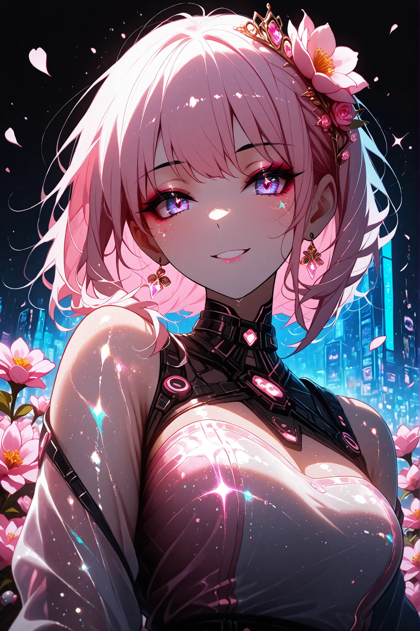 1 girl, violet eyes, light pink hair, short hair, cool, beautiful, medium breast, very cute, lovely, kawaii, cyberpunk, earrings, jewelry, flower, armor, hair ornament, petals, hair flower, pink flower, pills, eyebags, hair ornaments, solo, sparkling effec...