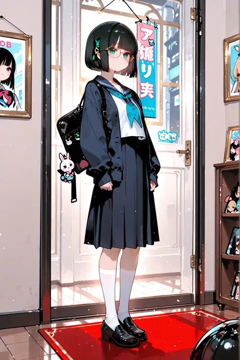 Otaku schoolgirl 、bob cut、glasses、Standing picture、full body image