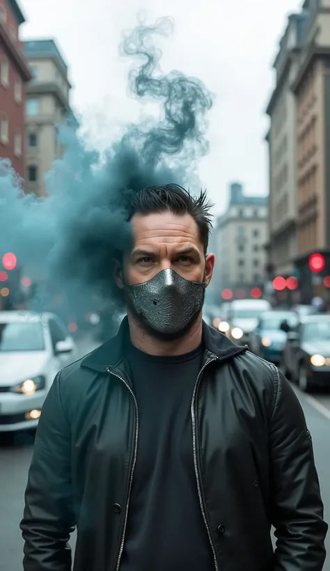 Make actor Tom Hardy hyperrealistic dressed as smoke with a gray metal mask over his mouth the hyperrealistic background of a square with passing cars, upper body in 8k