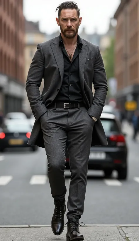 Tom Hardy wears a slim graphite suit with a light texture, black shirt without ties and frayed leather boots. The look combines sophistication with a rebellious and masculine feel, reflecting his intense and urban style. the hyper-realistic background of a...