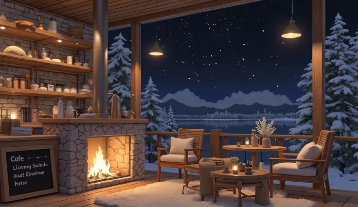 Cozy cabin with fireplace, không có cây Giáng sinhThe scene depicts a Cozy cabin with fireplace, without a rustic cafe Christmas tree, overlooking a beautiful Tranh sơn dầu và acrylic trên vải, một căn bếp của nhà bà ngoại vào ban đêm. Cảnh được dựng theo ...