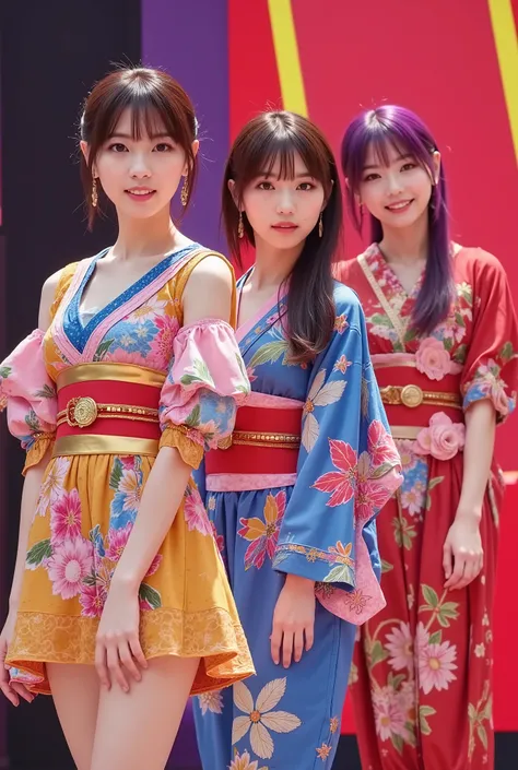 (4 person female idol unit singing live),((着物と帯のを現代風にアレンジした個性的なCostume1.5)),Bare legs, ((4 people face、hairstyle、Costume、Draw everything by color 2.0)),Big smiles at fans.Currently performing live