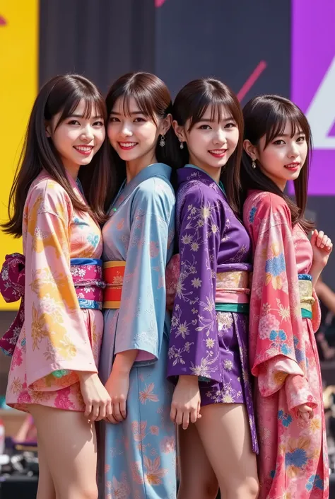 (4 person female idol unit singing live),((着物と帯のを現代風にアレンジした個性的なCostume1.5)),Bare legs, ((4 people face、hairstyle、Costume、Draw everything by color 2.0)),Big smiles at fans.Currently performing live