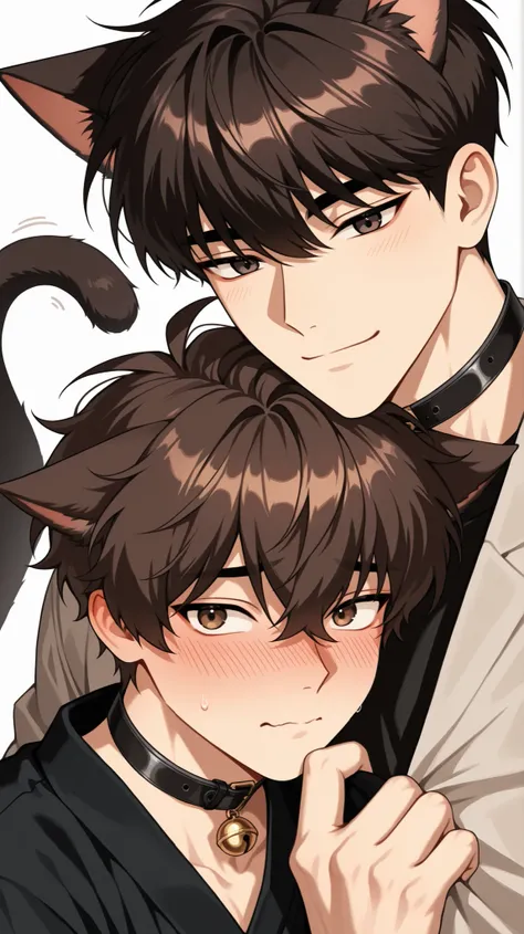 2 boys, cat ears, manhwa style, A beautiful and cute collar with a bell, cute, the tail in the frame, embarrassed face, horny face, Russet hair color, dark brown eyes color
