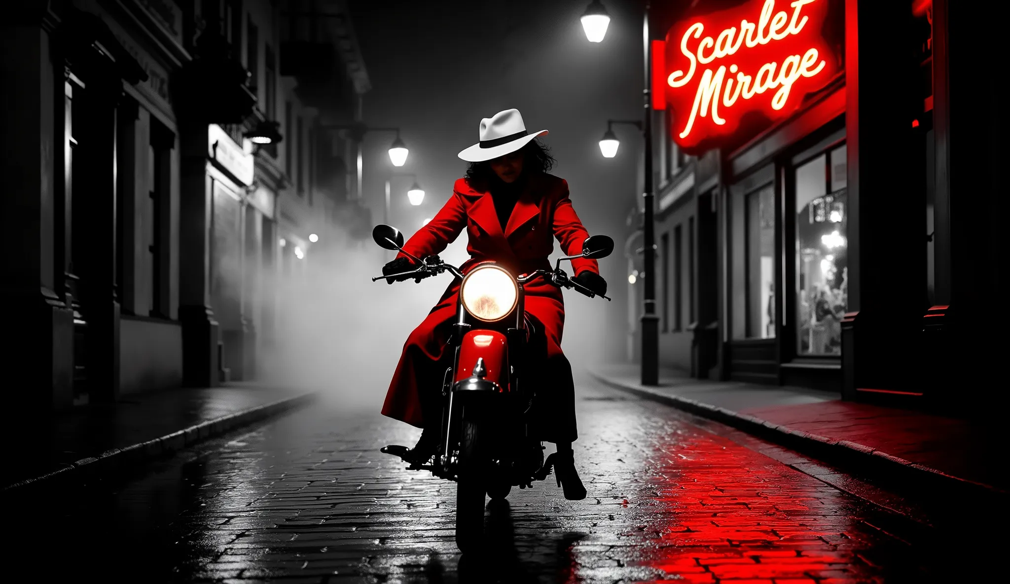 A cinematic night scene in a narrow European street. A mysterious woman in a vivid scarlet trench coat and white wide-brimmed hat rides a vintage red motorcycle directly toward the camera. The setting is noir-style: black and white cityscape with only the ...
