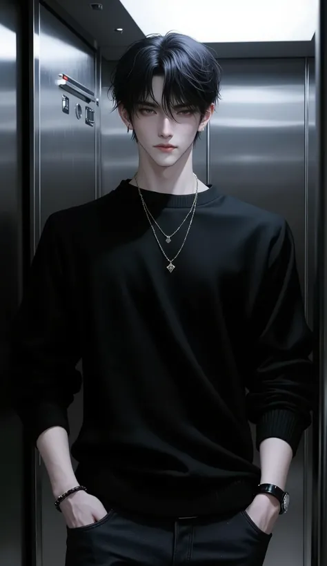 a man,Has slightly messy black hair,with deep eyes looking cold,wearing a simple yet delicate black sweater and jeans,Height 185cm,I often wear a black leather bracelet on my wrist。The background is the inside of an elevator