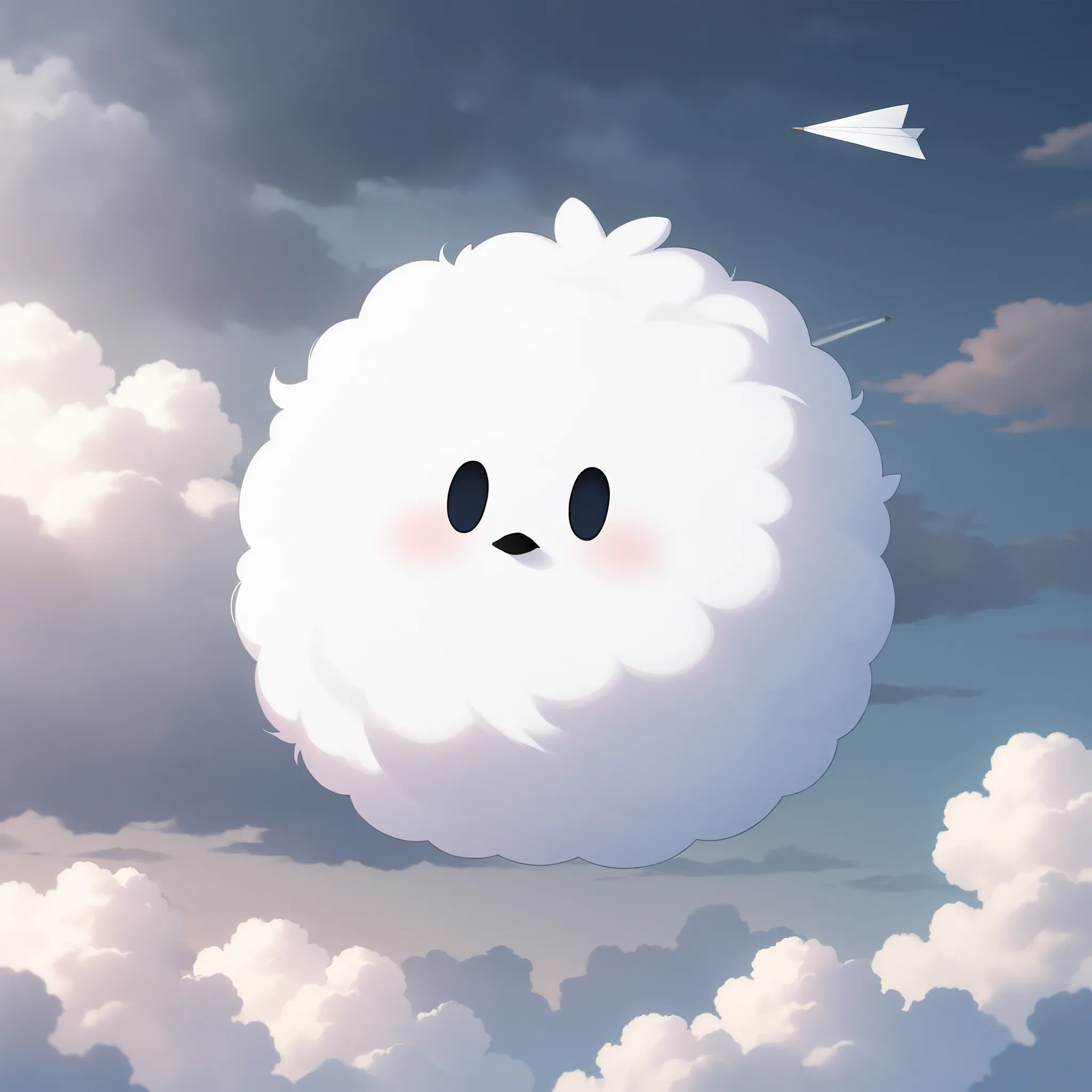 Masterpiece,Best quality, ultra detailed,Japanese Anime style, (pure white sparrow mascot) , round body, fluffy body,simple face, cute appearance, Flying in the sky, ((cloudy sky ,The sky is completely covered with clouds, the sky is gloomy,)) A paper plan...