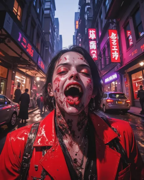 Close-up photorealistic portrait of a male Junkie Vampire and his chromed metal fangs in a dystopian landscape, surrounded by deteriorated buildings and red and purple neon lights. The figure is covered by a long red coat, dirty and grimy , with metallic d...