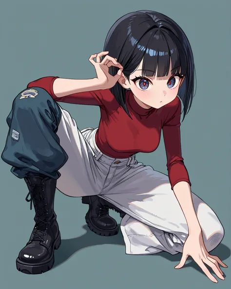 high definition、Delicate Details、8K quality、has open pupils、simple background、turtleneck、loose pants、boots、stand on one knee、from above、Straight bob、Goblins